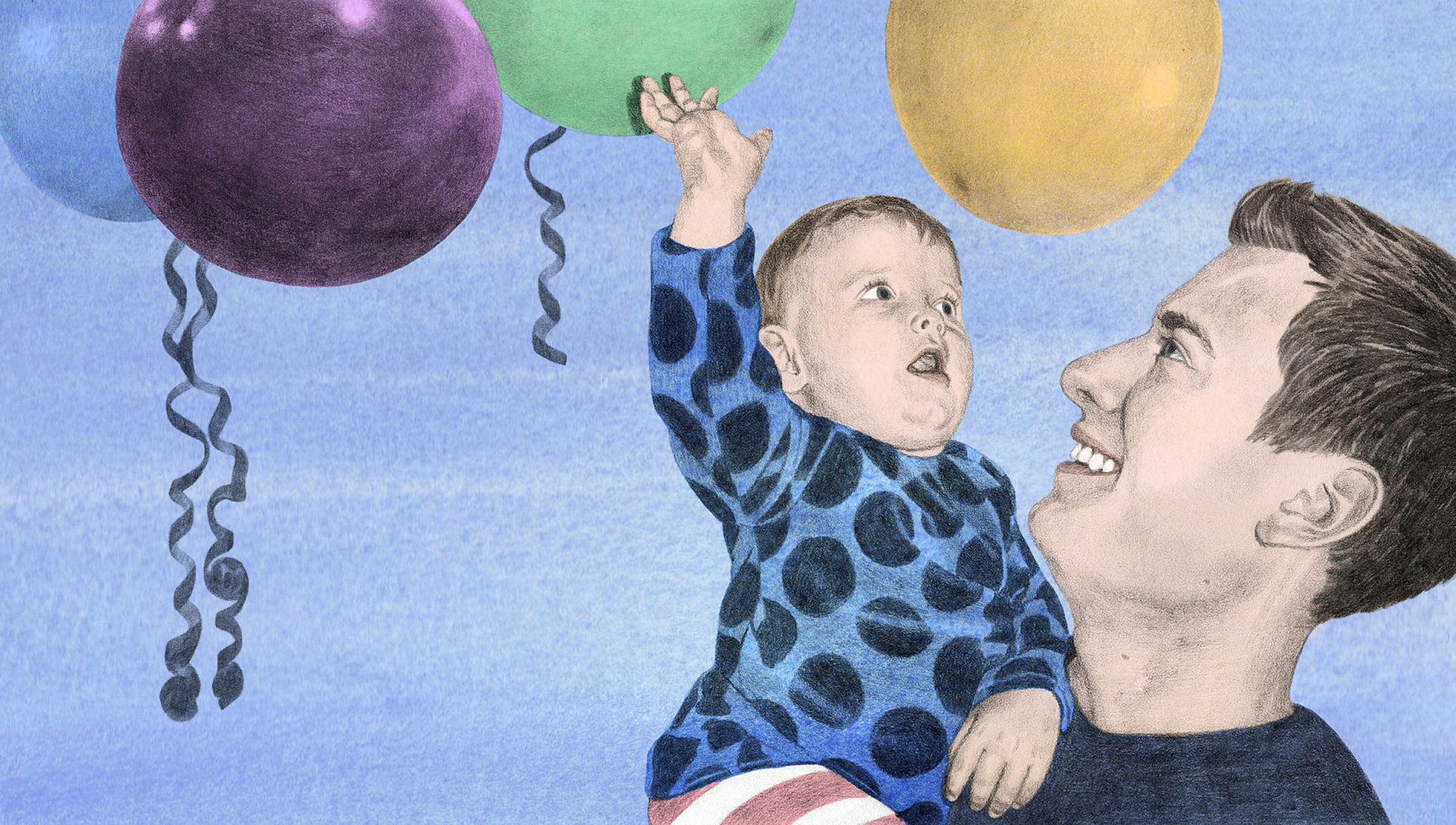 Illustration av en förälder med ett barn och ballonger